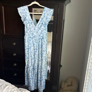 Skies Are Blue White Dress with Blue Toile Floral Print